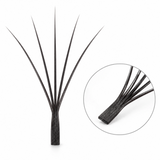A black eyelash extension fan made of multiple long, thin strands fanned from a textured base, shown on a white background with a circular close-up inset of the strand details.