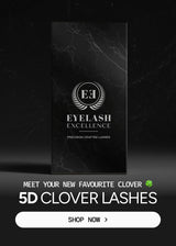 Promotional graphic for Eyelash Excellence 5D Clover Lashes, featuring a black marble-textured box with the brand logo and name, accompanied by marketing text and a white 'SHOP NOW' button on a dark background.