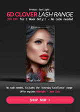 Advertisement for 6D Clover Lash Range with a woman's face and promotional text on a dark background.