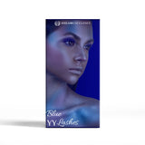 Product packaging for 'Blue YY Lashes' with a model's face on a white background