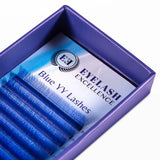 Eyelash box with blue lashes and 'Eyelash Excellence' branding on a white background