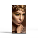 Eyelash packaging with a model wearing chocolate brown eyelashes on a white background