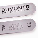 Close Up Of Dumont Tweezer branding and technical specifications on a white background