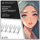 Illustration of a character with fantasy lashes and product packaging details.
