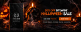 Promotional banner for an eyelash kit featuring a black marble-patterned box labeled 'Eyelash Excellence' on the left, with a skull, candles, spiderwebs, and jack-o'-lanterns on a dark Halloween-themed background. Text on the right reads '20% OFF SITEWIDE HALLOWEEN SALE' with a discount code and shop button.