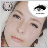 Close-up of a woman's face with false eyelashes, including a lash map inset.