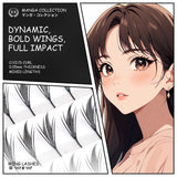 Manga-style illustration of a character with wing-shaped eyelashes and product details.